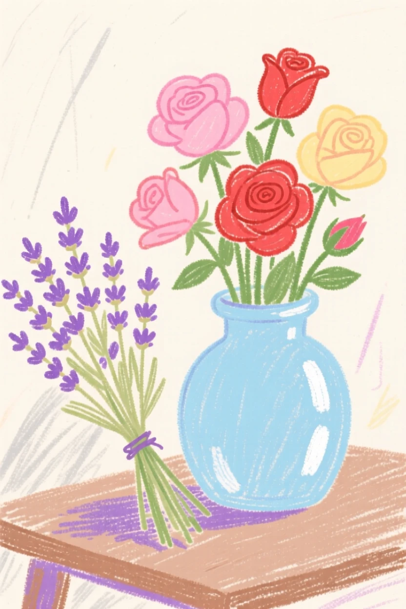 A bundle of dried lavender arranged neatly beside a vase of garden roses.