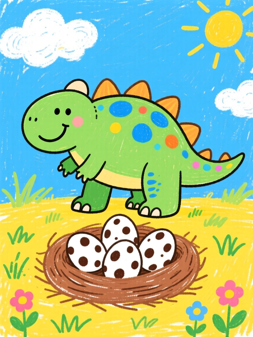 A gentle giant ankylosaurus near a nest of speckled eggs in a warm clearing.