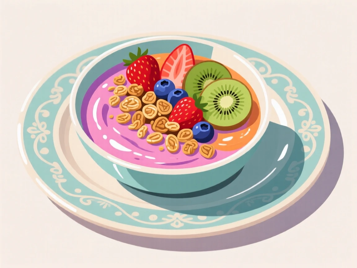 A colorful smoothie bowl topped with granola and fresh fruit, placed on a vintage ceramic platter, arranged with complementary colors for visual appeal, with glossy highlights that make the dish look freshly made.