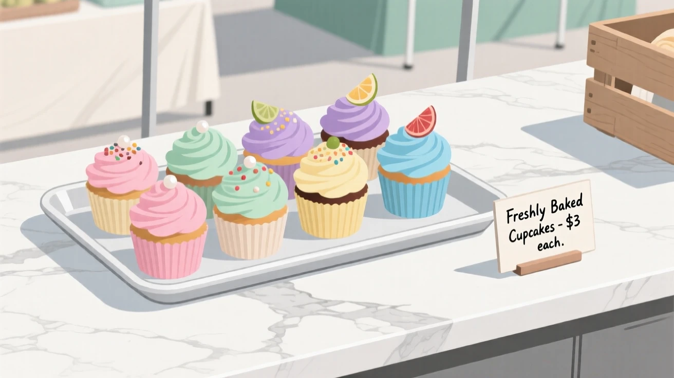 A tray of colorful cupcakes beautifully displayed on a marble countertop at a farmers market.