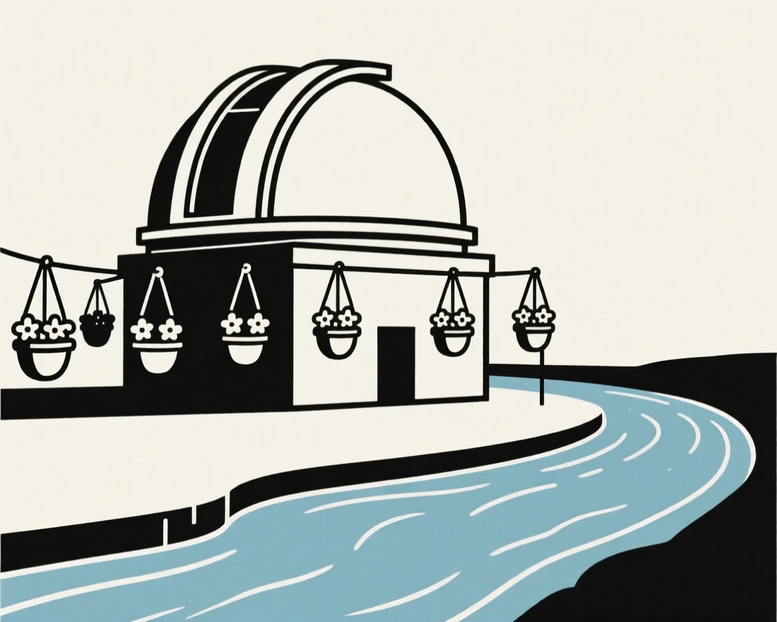 A domed observatory, striking and prominent, stands in a riverside district, surrounded by hanging flower baskets, expressing architectural harmony.