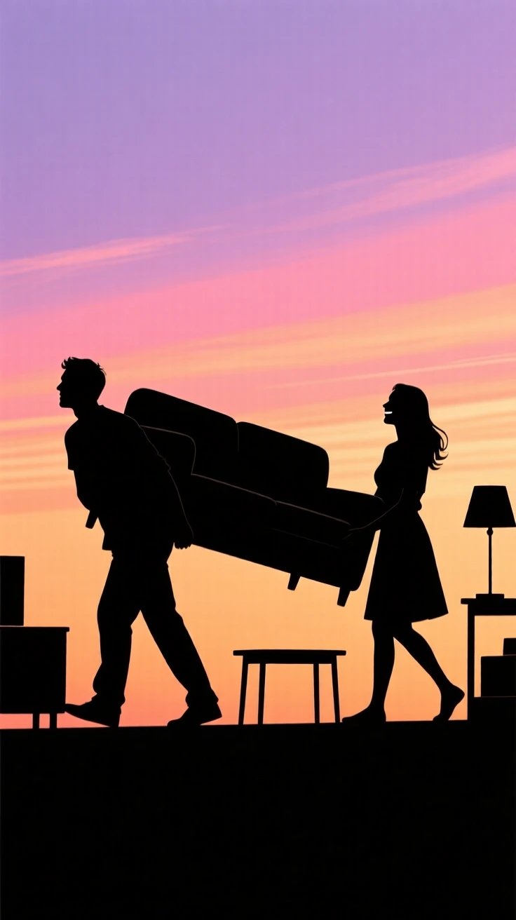 A couple moving furniture into their first apartment together.