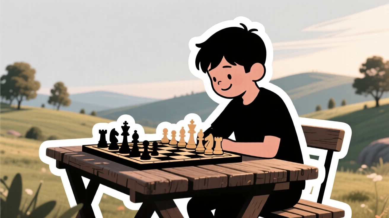 A completely absorbed chess prodigy studying a board of pieces, with a look of quiet satisfaction, at a scenic outdoor location.