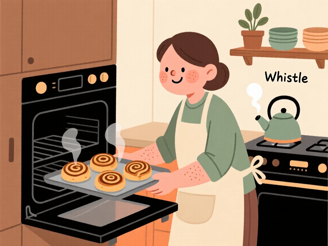 A home cook pulls a tray of cinnamon rolls from the oven in a cozy home kitchen, steam rising as a kettle whistles on the stove.