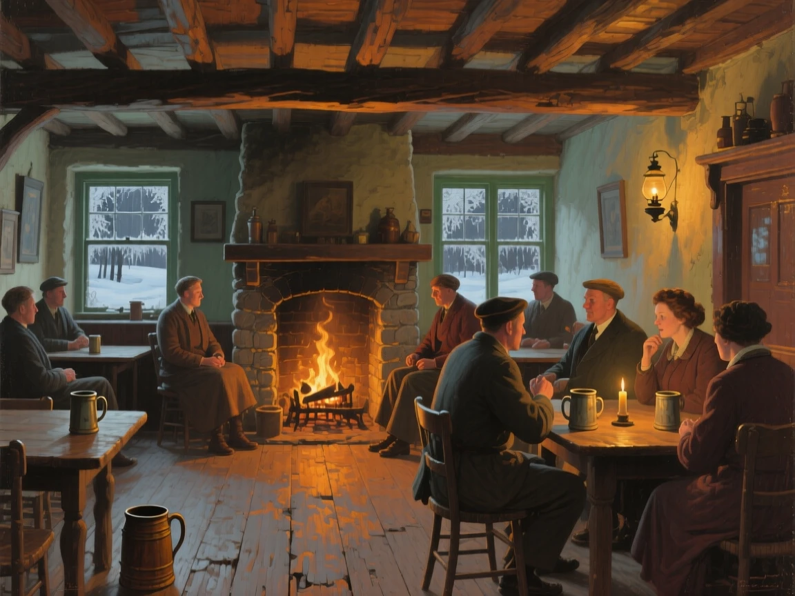 A sweeping wide shot of a village pub with a roaring fire and patrons sharing stories, in the 1940s, in the quiet stillness of midwinter.