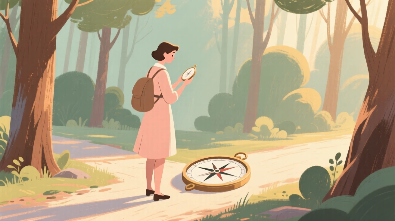A traveler consulting a compass at a crossroads deep in the forest