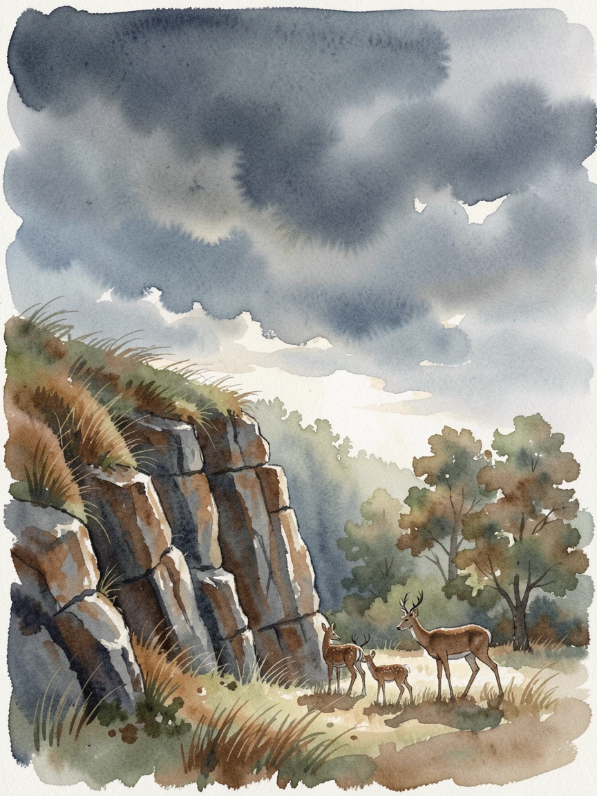 A dramatic sea cliff as storm clouds gather with a family of deer at the tree line.