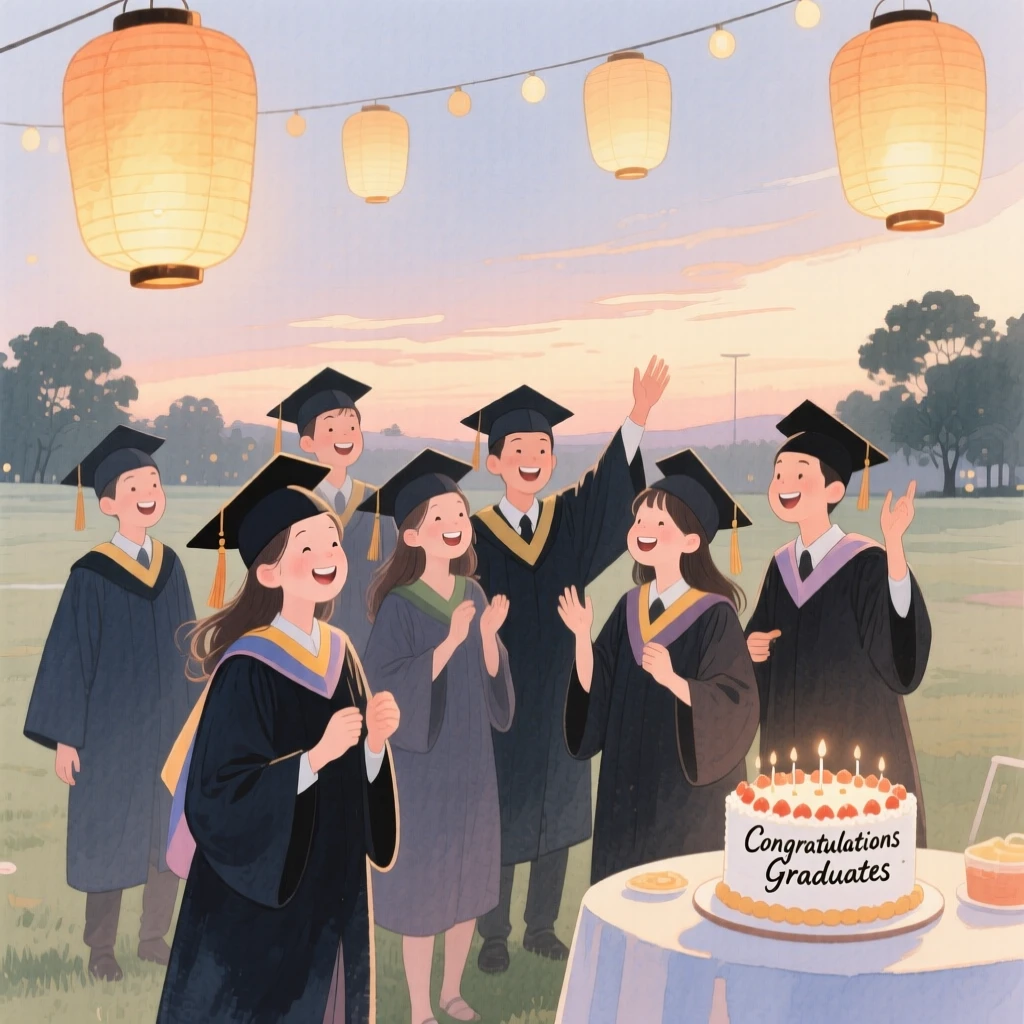 A joyful scene of a graduation party, with lanterns glowing softly at dusk, capturing the warmth of the celebration