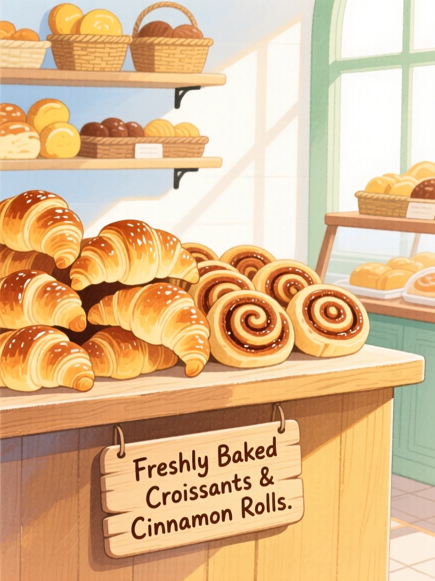 A bakery counter piled with fresh croissants and cinnamon rolls, warm and inviting on a quiet afternoon.
