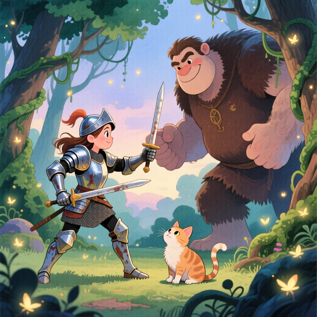 A knight and her loyal steed battling gently with a friendly giant for a lost kitten, in an enchanted forest glowing with fireflies, evoking a sense of epic adventure and courage.