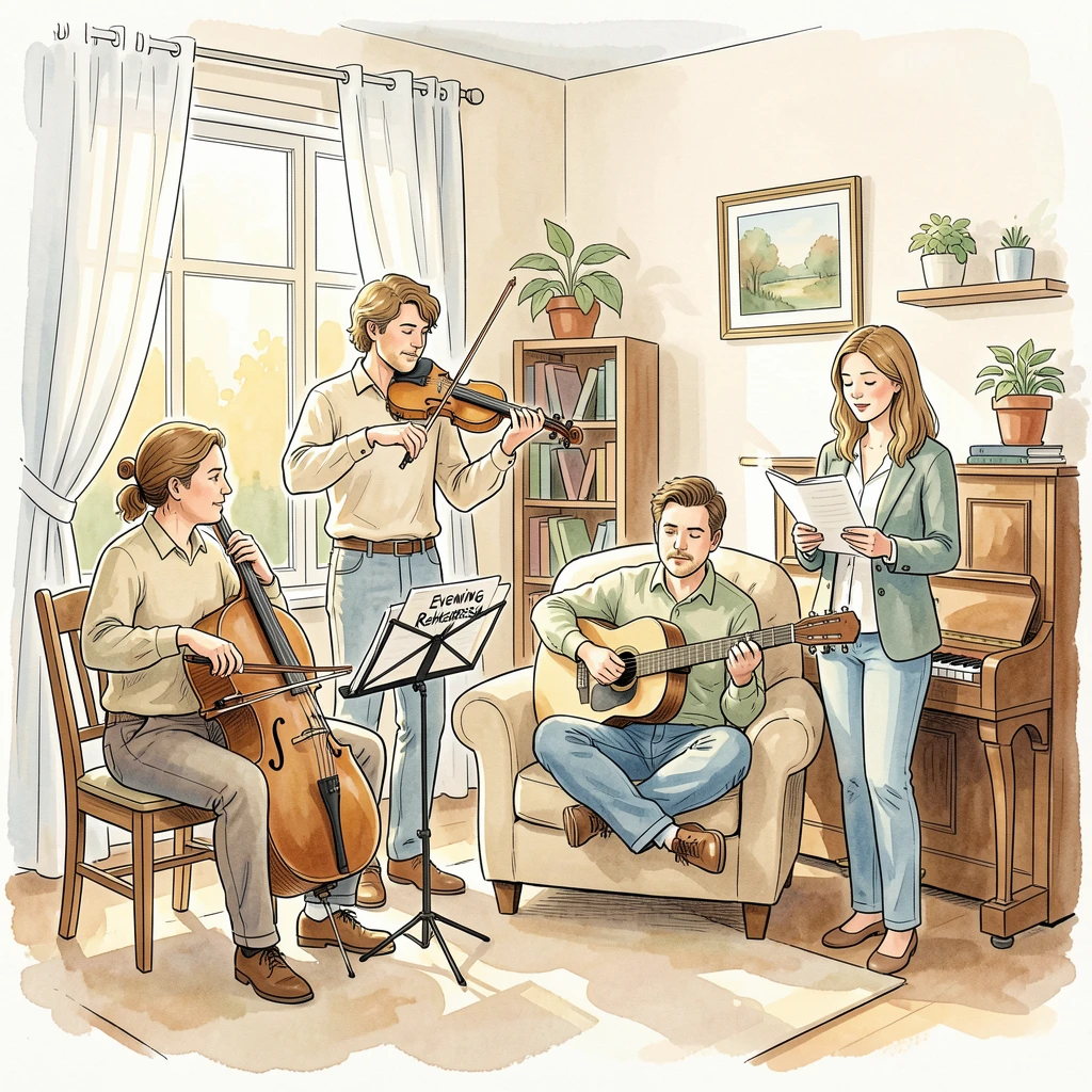 A group of musicians rehearsing together in a sunlit living room, a warm and unhurried mood settling over the moment.