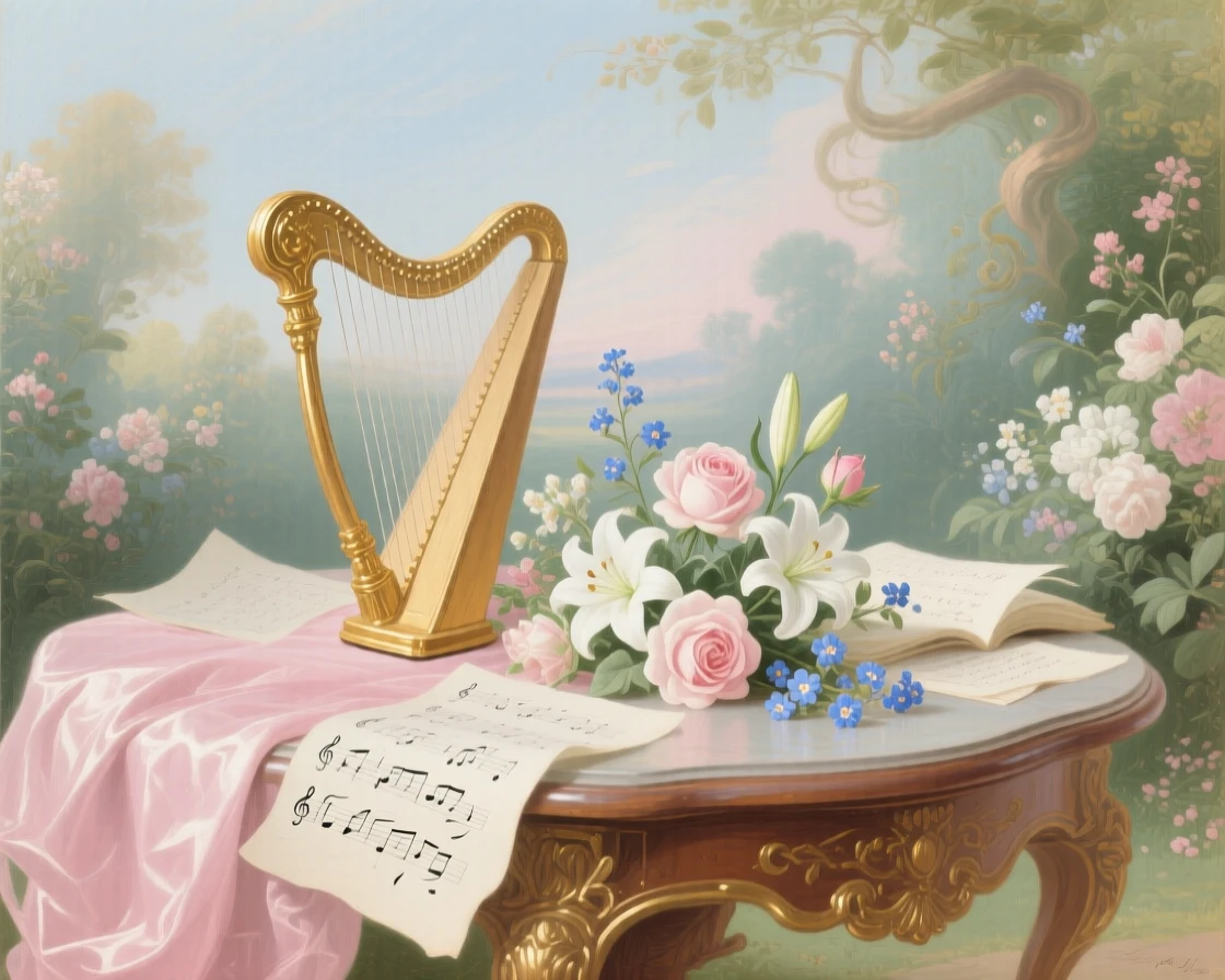 A small harp leaning against a table covered with sheet music and flowers  