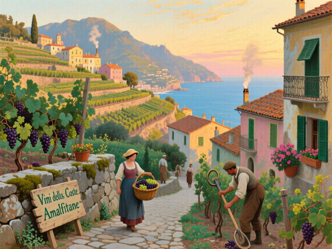 The rolling terraced vineyards and villages of the Amalfi Coast, as soft golden hour light bathes every surface and structure, capturing the timeless beauty and character of a legendary destination