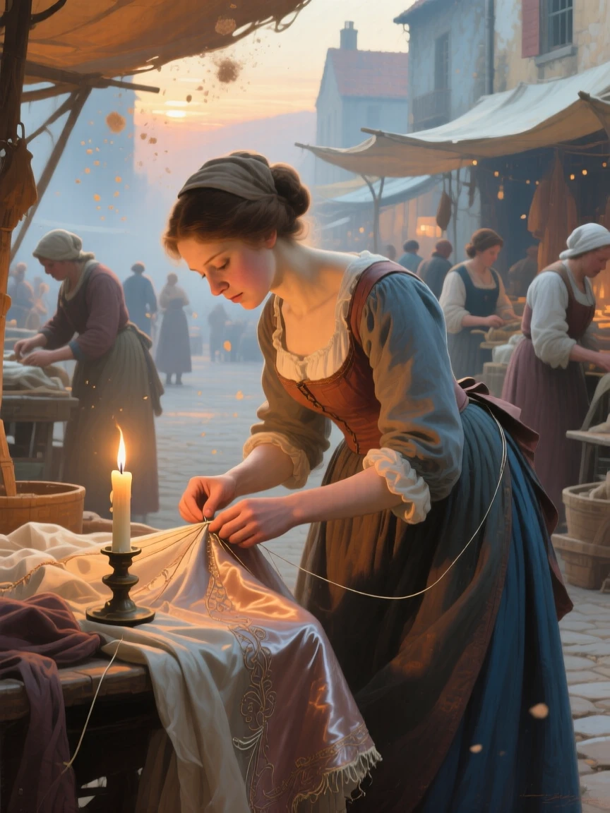A seamstress carefully fitting a gown by candlelight as ordinary labor takes on unexpected grace, set within a bustling market square filled with color and life, with soft morning light catching dust and flour in the air; a tight, intimate framing draws focus to hands and faces at work, capturing the timeless rhythm of rural and village life.
