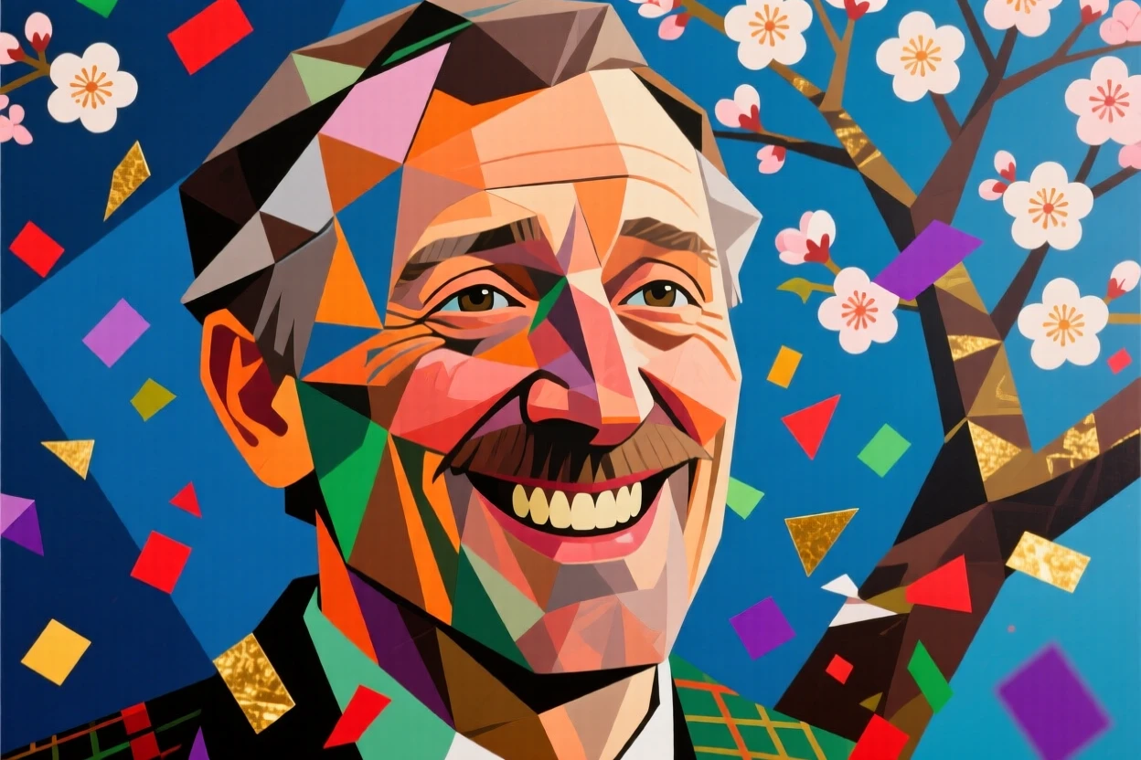 An intimate close-up of a middle-aged man of Scottish heritage grinning as confetti falls around them, beneath a blossoming tree in spring.