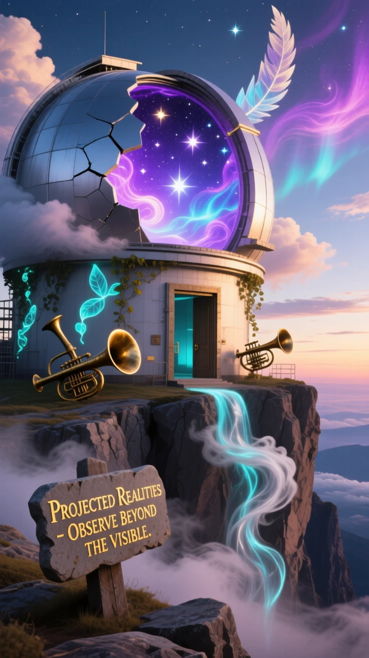 An observatory dome cracked open to reveal a second sky casts no shadow despite the low afternoon sun, as clouds pass slowly through its open doorways.