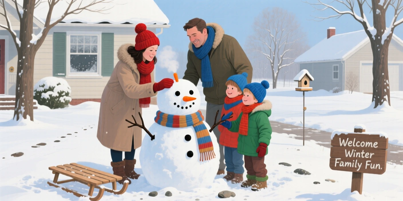 A family builds a snowman together in their front yard, breath visible in the cold air as they add the final carrot nose, the moment feeling candid and intimate rather than posed or staged.