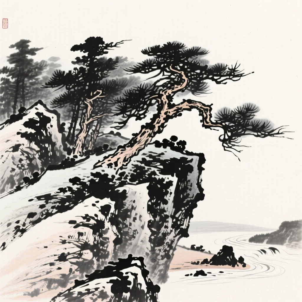 Rocks and pine trees cluster together on a rugged hillside, with the sound of distant water echoing off the rocks.