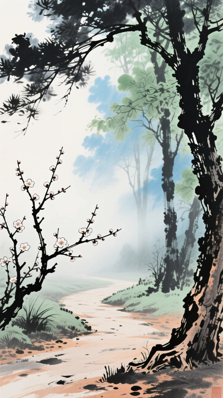 A forest path dappled with soft light, as the last plum blossoms cling to bare branches, through a light drifting mist.