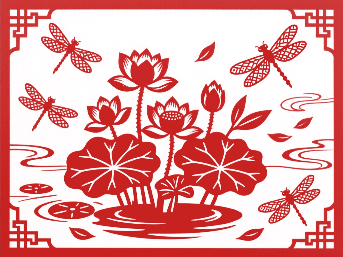 A Spring scene of a lotus pond alive with dragonflies, a gentle wind carrying petals or leaves across the scene.