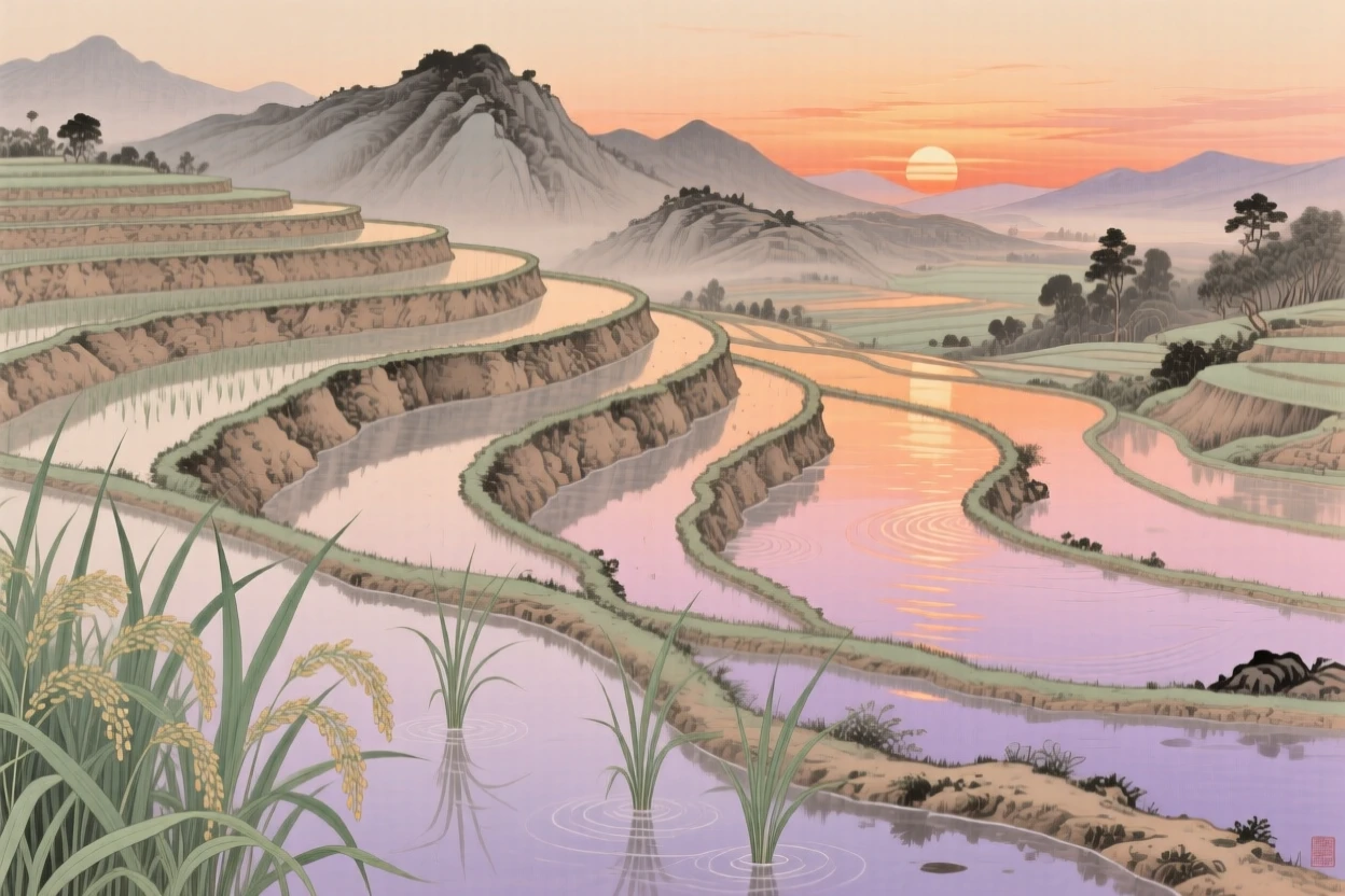 A terraced rice paddy reflecting the sunset, with reflections of the mountains rippling in still water