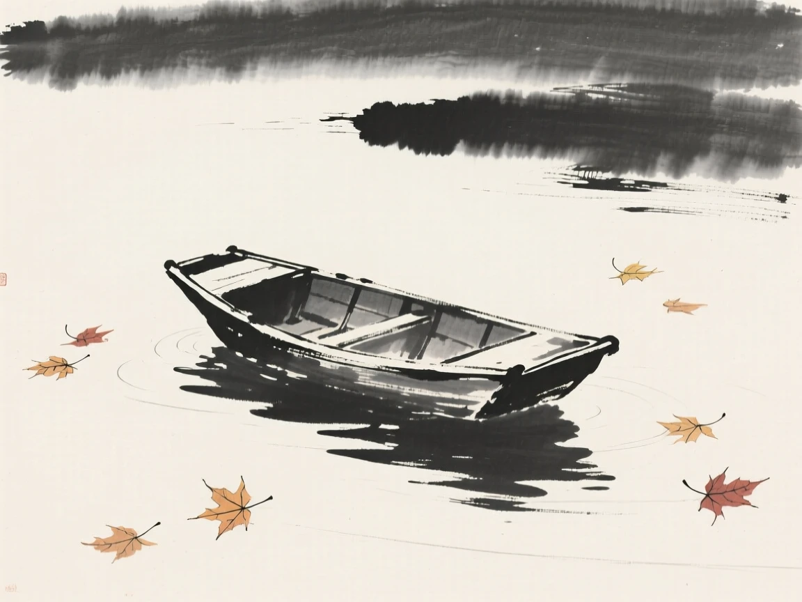 A single empty boat drifting on a still lake beneath drifting autumn leaves, framed minimally, letting emptiness carry the mood, conveying a poetic sense of calm and reflection.