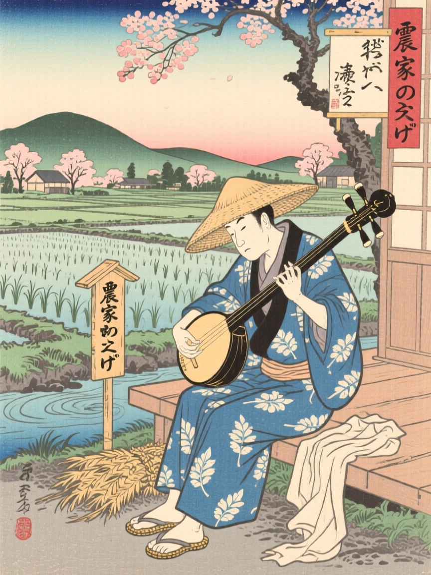 A resting farmer tuning an instrument before a performance.