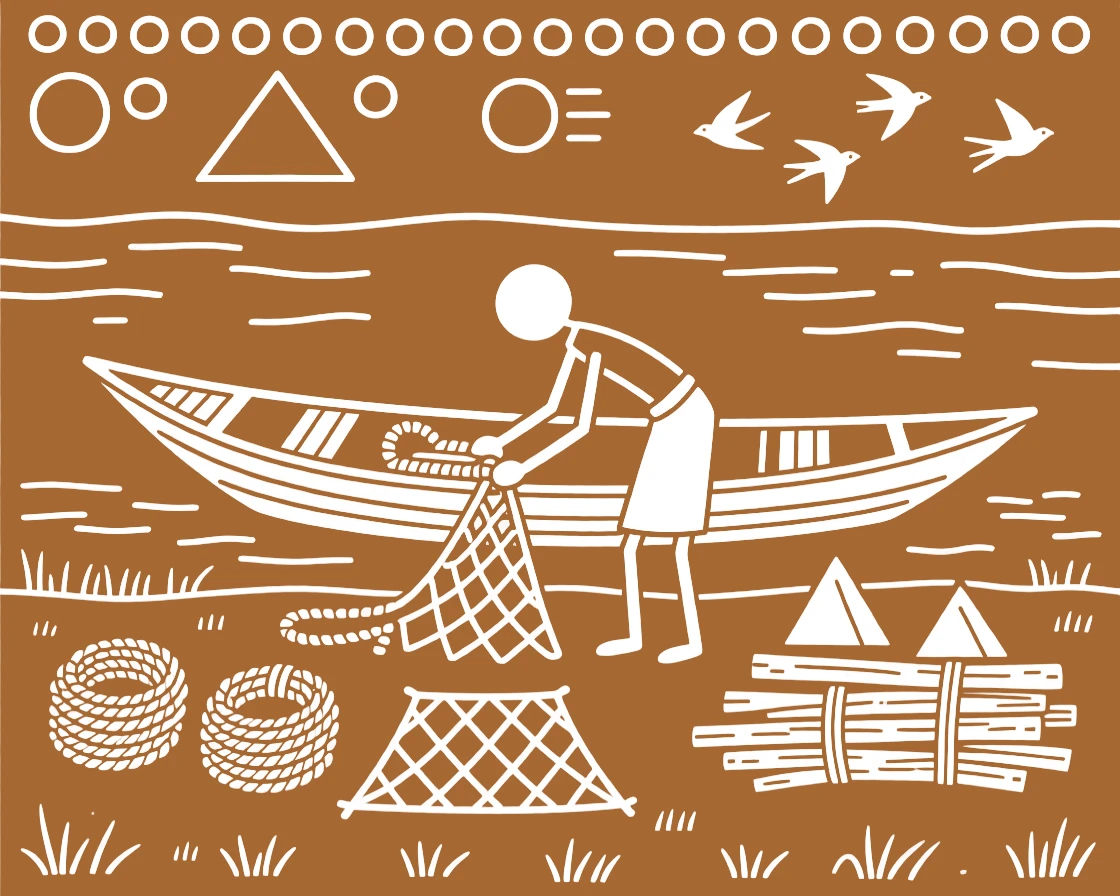 A boatman preparing materials for the next day's work.