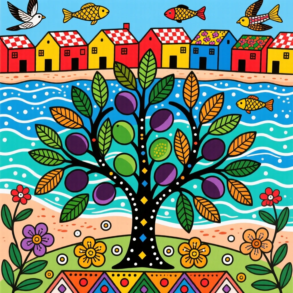 An olive grove overlooking a sparkling coastal village.