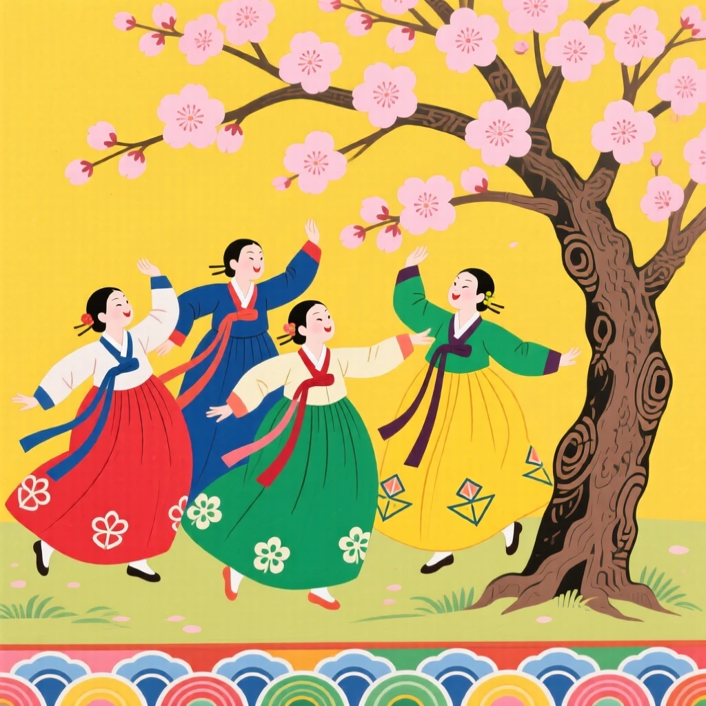 Dancers performing in colorful traditional dress, beside a blossoming cherry tree.