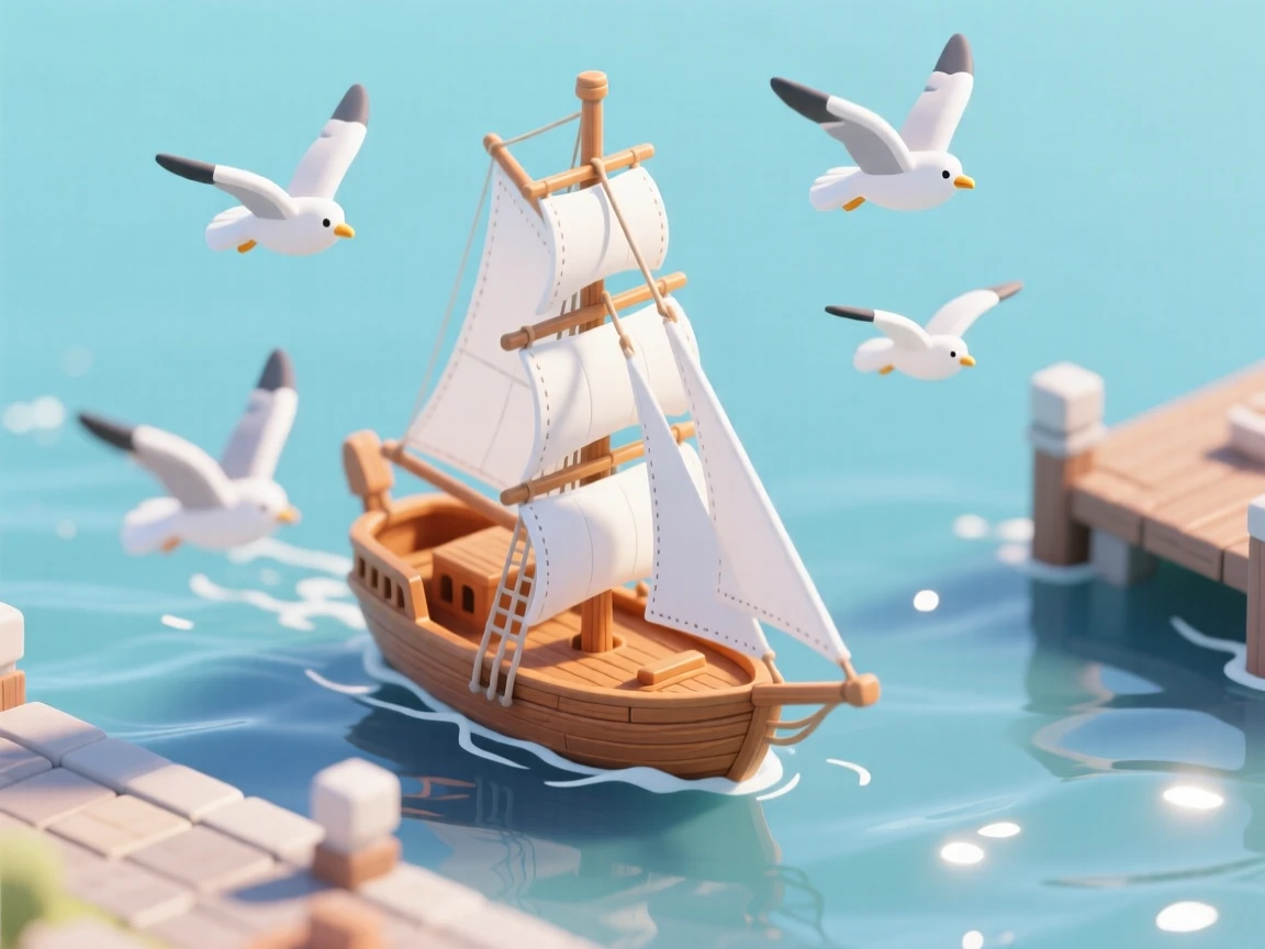 A classic wooden sailboat gliding across a sparkling harbor, its white sails catching the wind, gulls circling overhead.