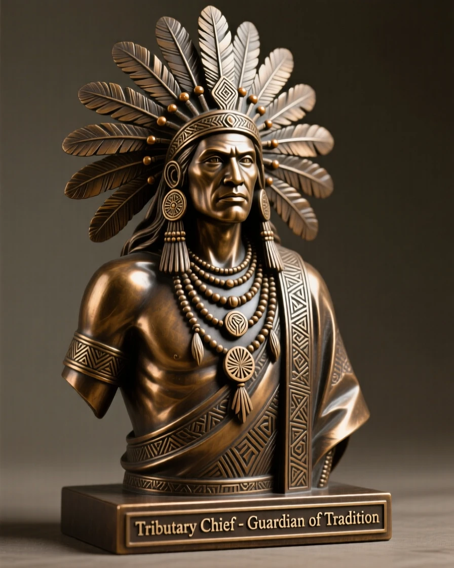 A tribal chief in ceremonial dress, with an expression of quiet determination, forming a strong central focal point