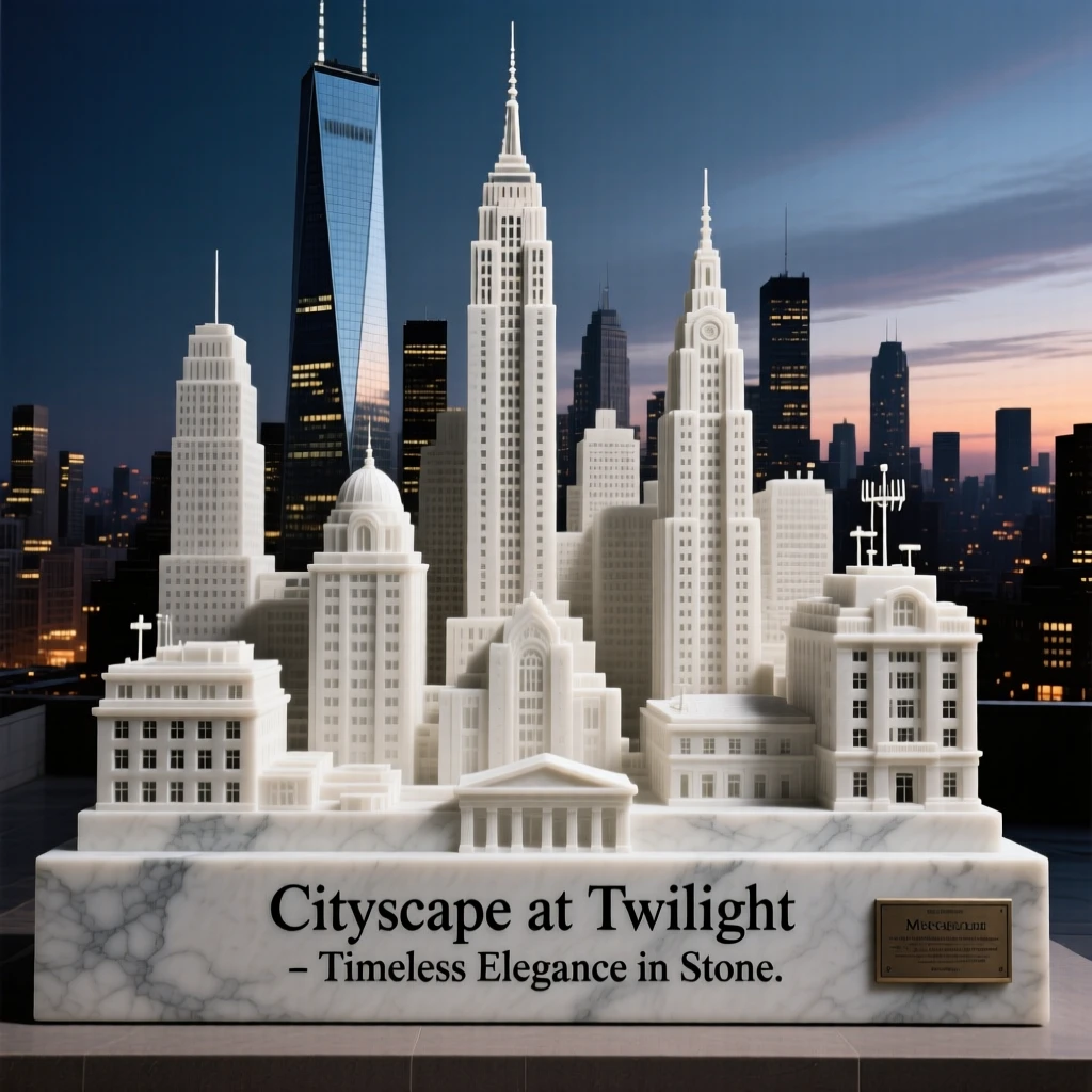 A striking, atmospheric depiction of a bustling city skyline at twilight, showcasing timeless elegance and grandeur