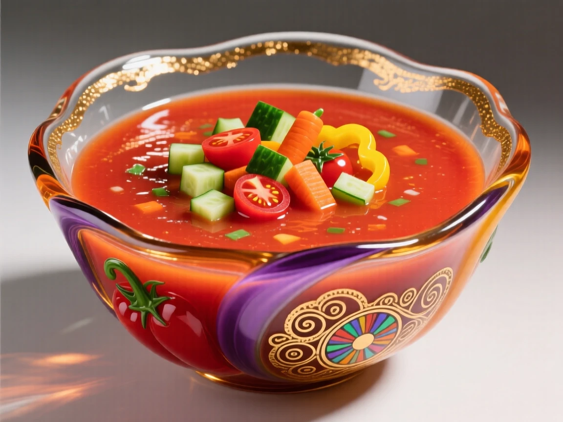 A bowl of vibrant gazpacho garnished with diced vegetables, refreshing and colorful.