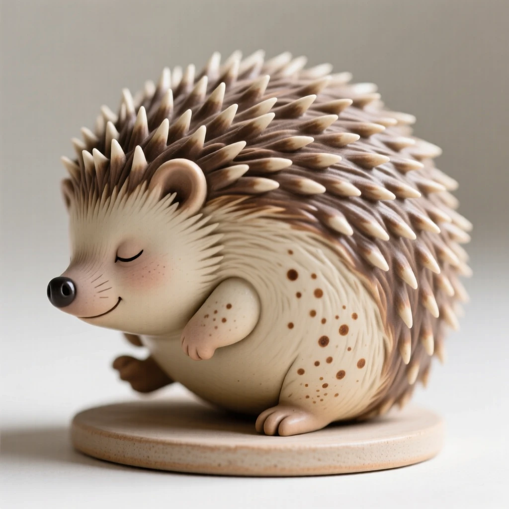A plump baby hedgehog rolled into a tiny ball caught mid-wobble in a first clumsy step, dotted with tiny, delicate freckled markings, evoking pure, heartwarming sweetness.
