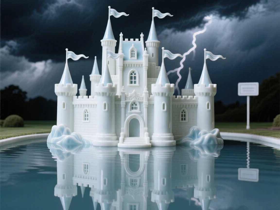 A storm-lit castle reflected in a still moat, banners fluttering from its highest spires.