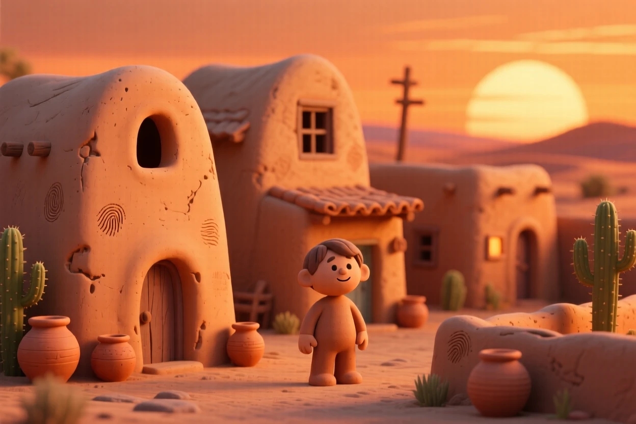 A desert adobe village glowing warm orange at sunset