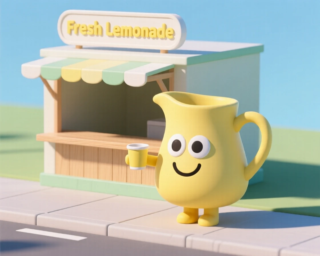 A cheerful lemonade stand with a smiling pitcher mascot serves ice-cold drinks on a hot summer sidewalk.