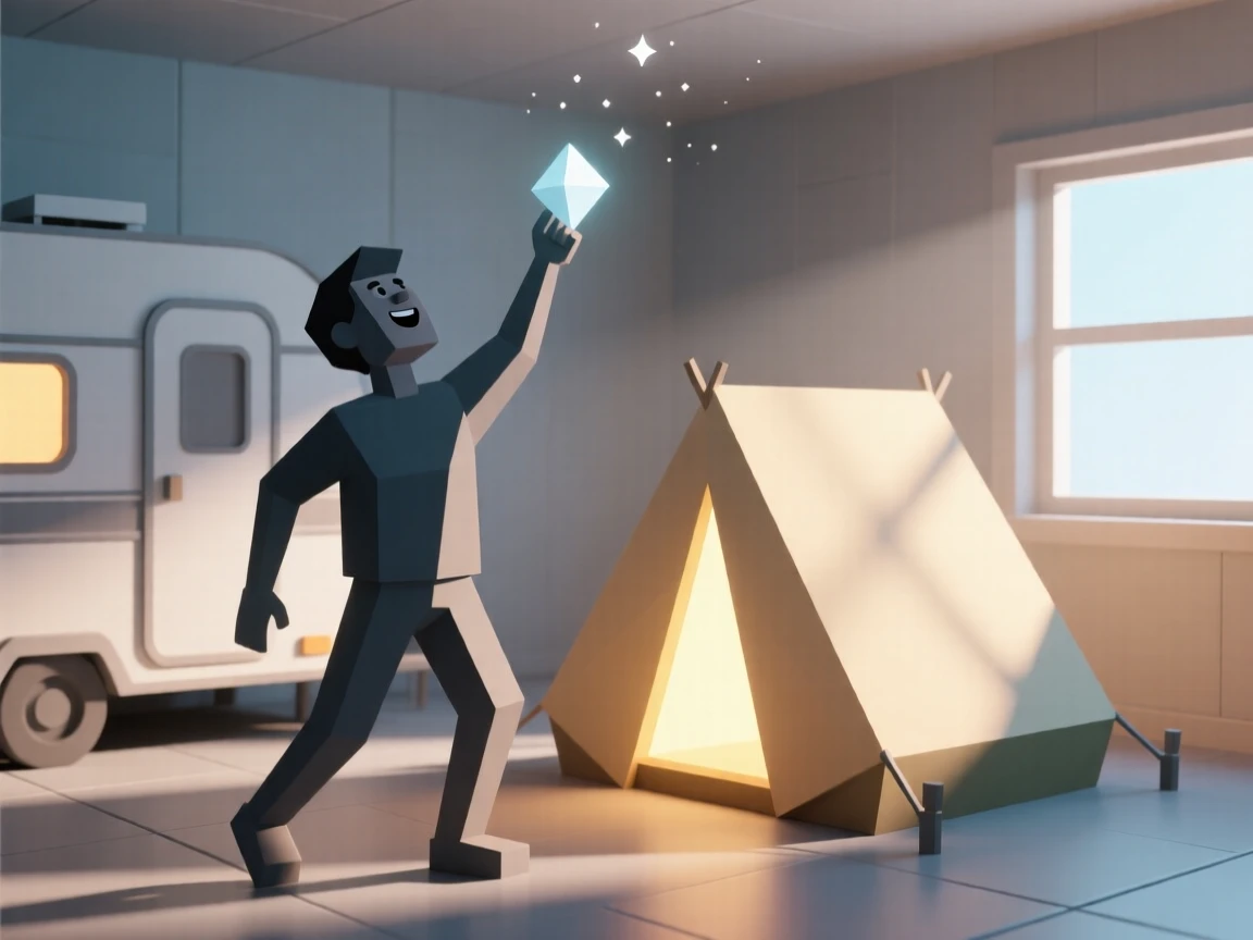 A camper stargazing beside a glowing tent, in a cozy sunlit studio. dynamic motion is captured with a clear sense of energy. The moment radiates confidence and joy.