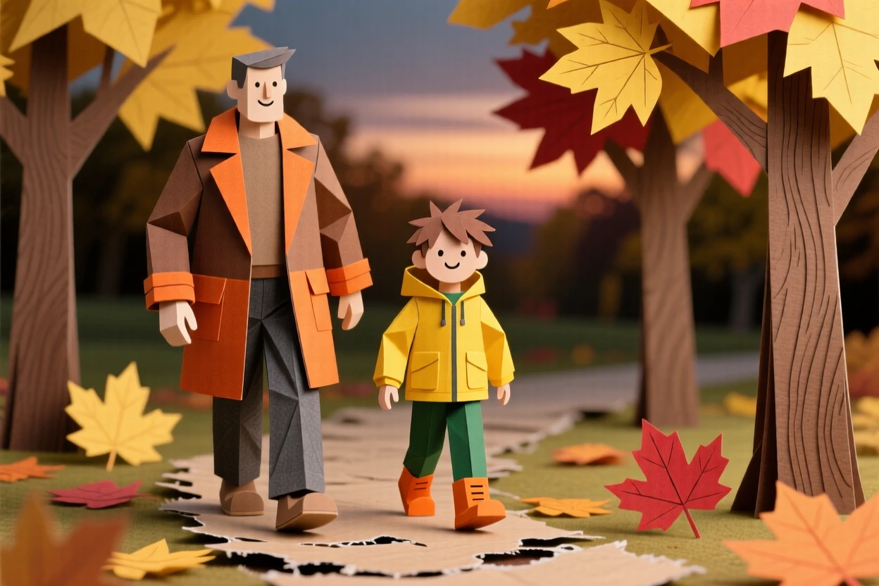 A father and his son walking through a golden autumn park, with distant city lights glimmering softly, capturing the simple beauty of everyday moments.