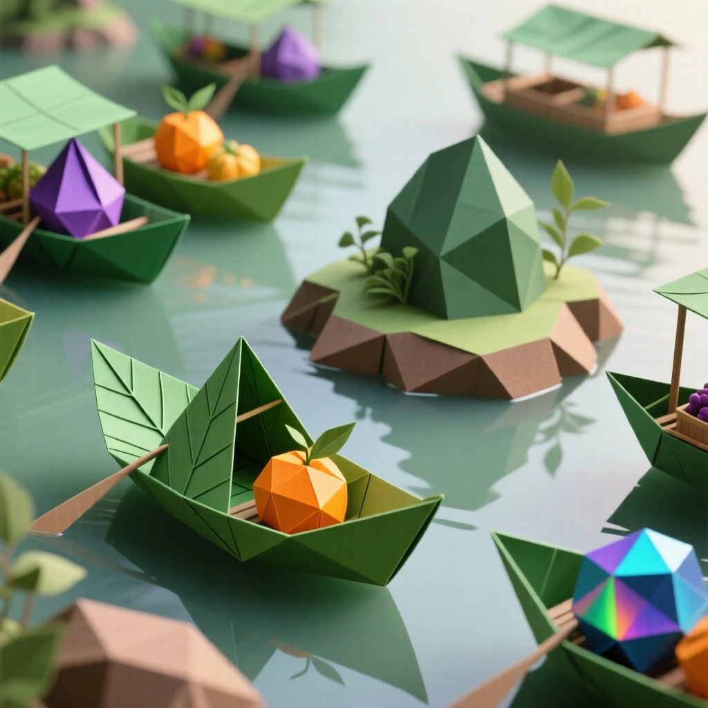 A floating market where boats made of leaves drift between islands trading enchanted fruit.