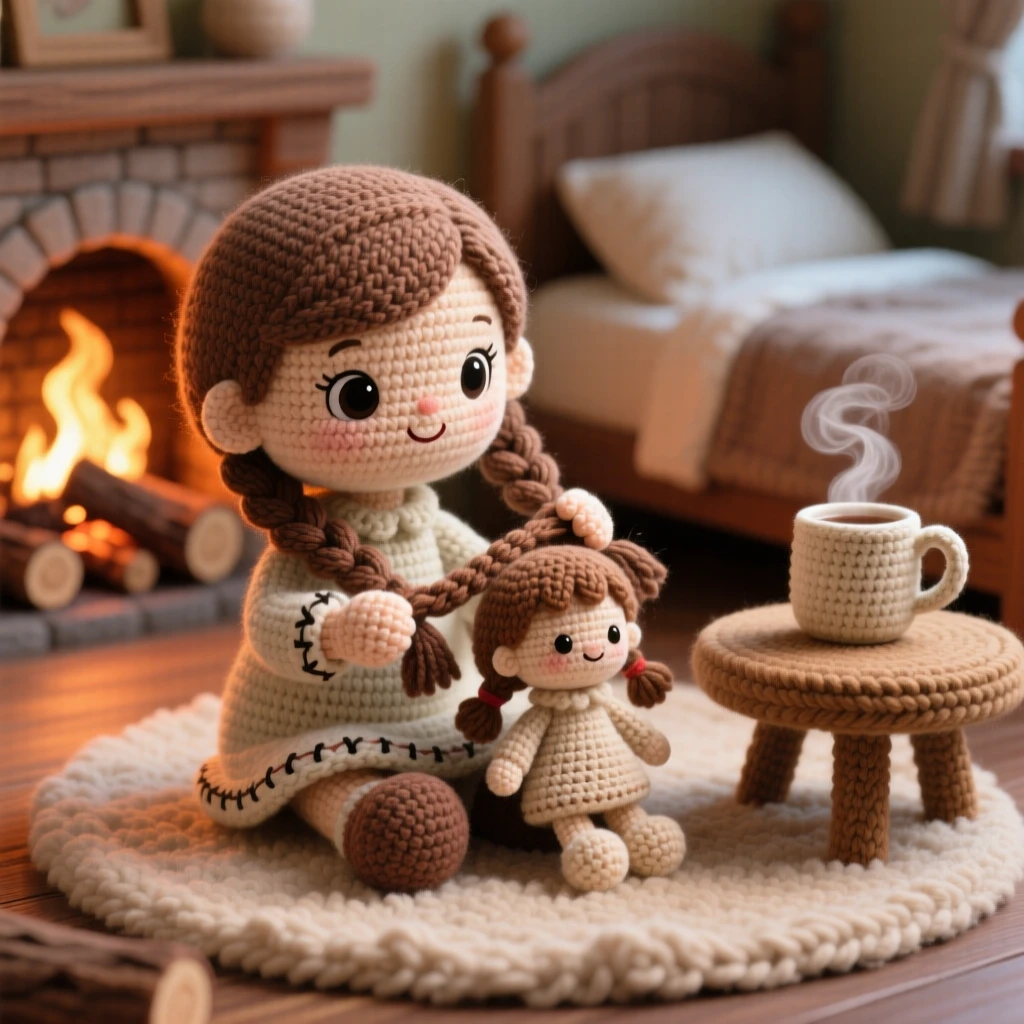 a little girl braiding her doll's hair, with careful, practiced fingers, sitting cross-legged on a bedroom rug, in a warm living room lit by a crackling fireplace, with a steaming mug resting on a small table nearby, radiating gentle contentment in a small daily ritual.