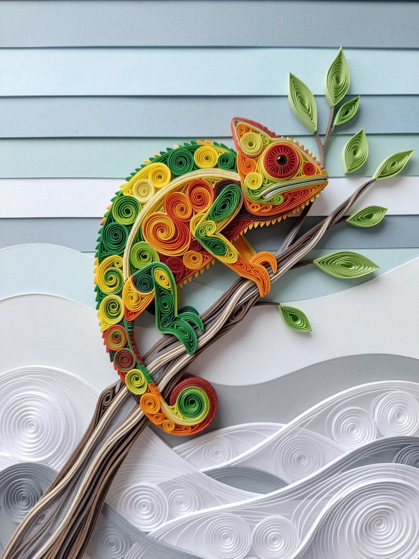 a chameleon perched on a branch mid color-change, along a quiet natural horizon line, captured in a quiet, still, contemplative moment, with mist rolling low across the ground.