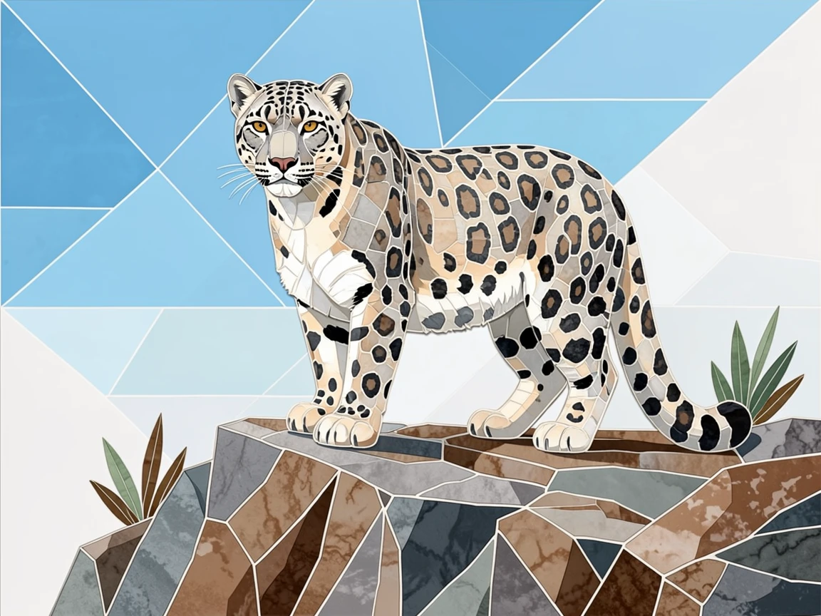 A snow leopard perched on a rocky Himalayan cliff.