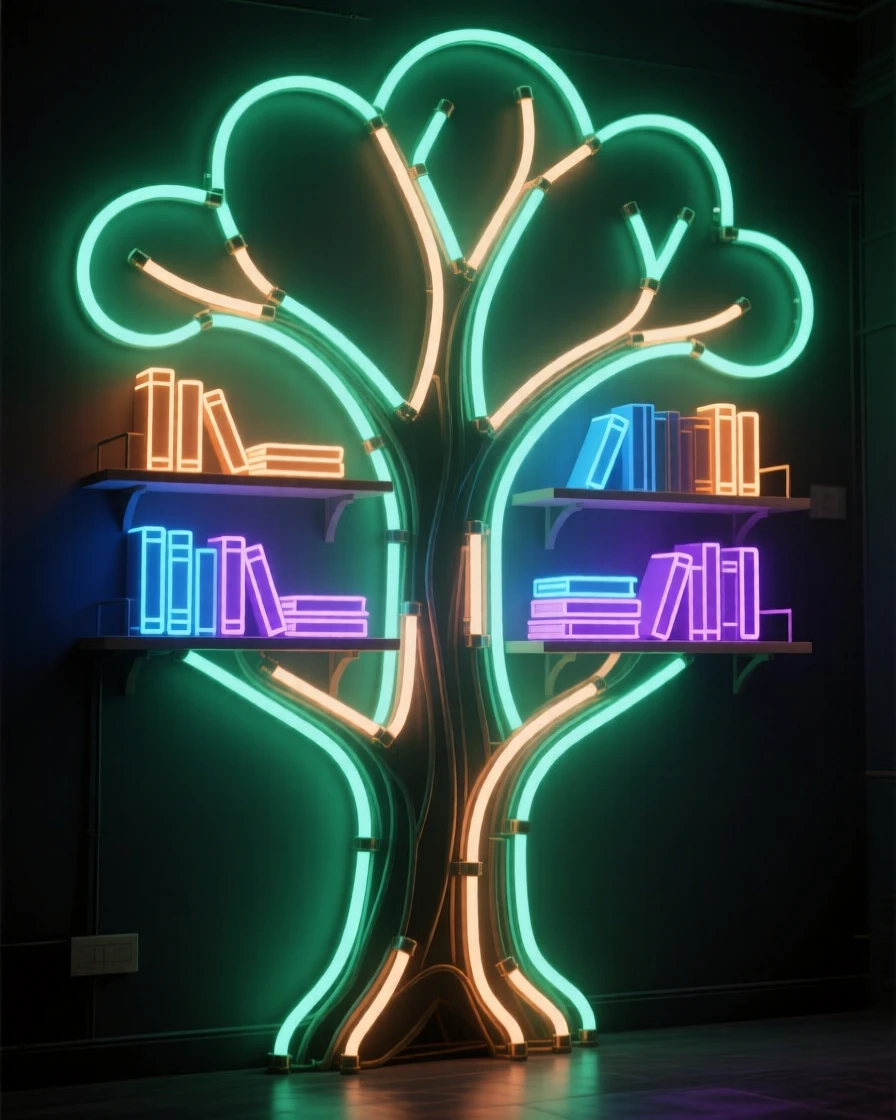 A treehouse library with shelves built into the branches themselves.