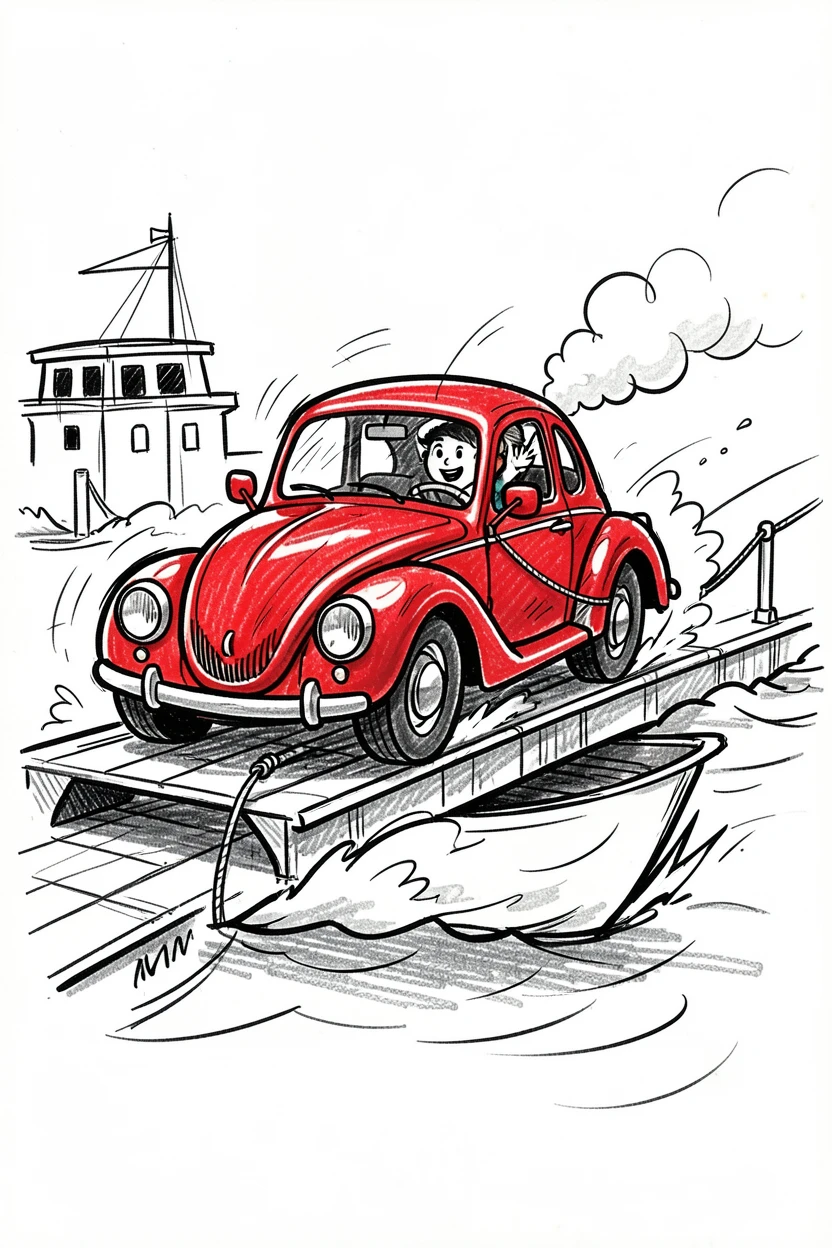 A cherry-red vintage car crossing a river on a ferry route.