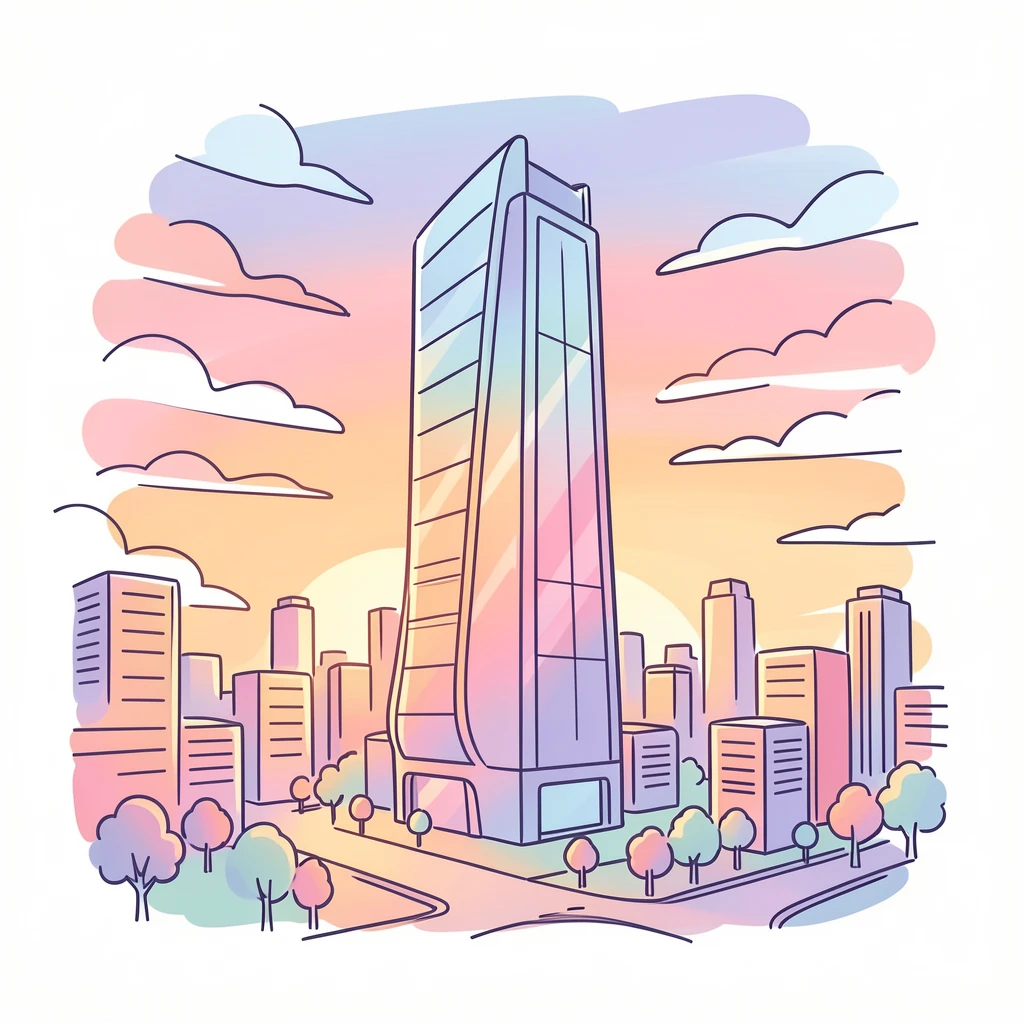 A modern skyscraper reflecting a sunset sky over a bustling city.