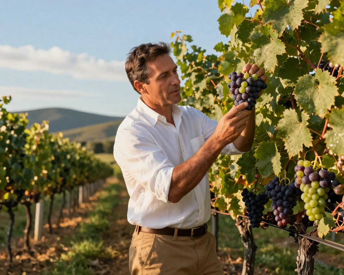 A winemaker inspecting grapes in a sunlit vineyard