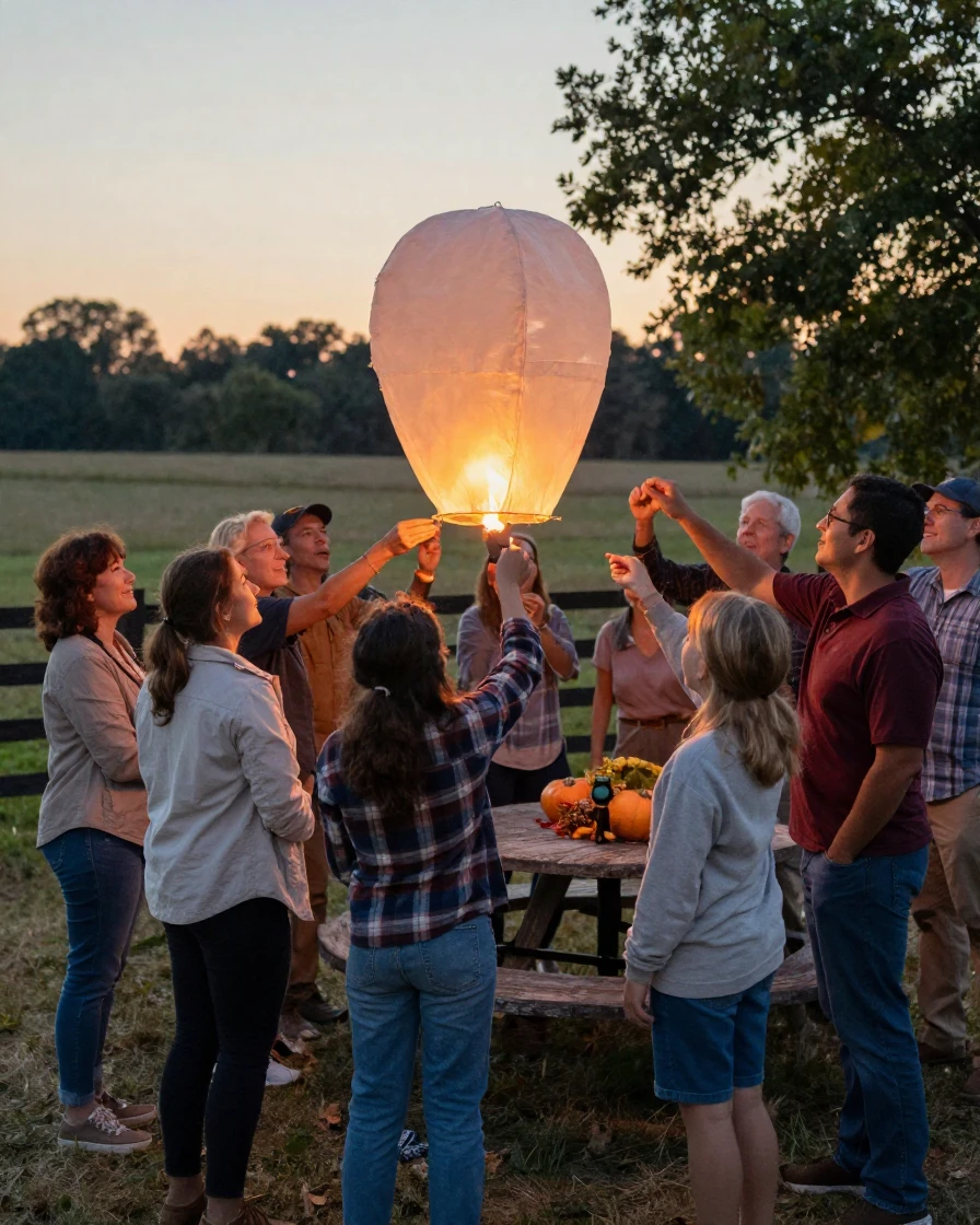 A community lights sky lanterns together to mark the end of a long harvest season.