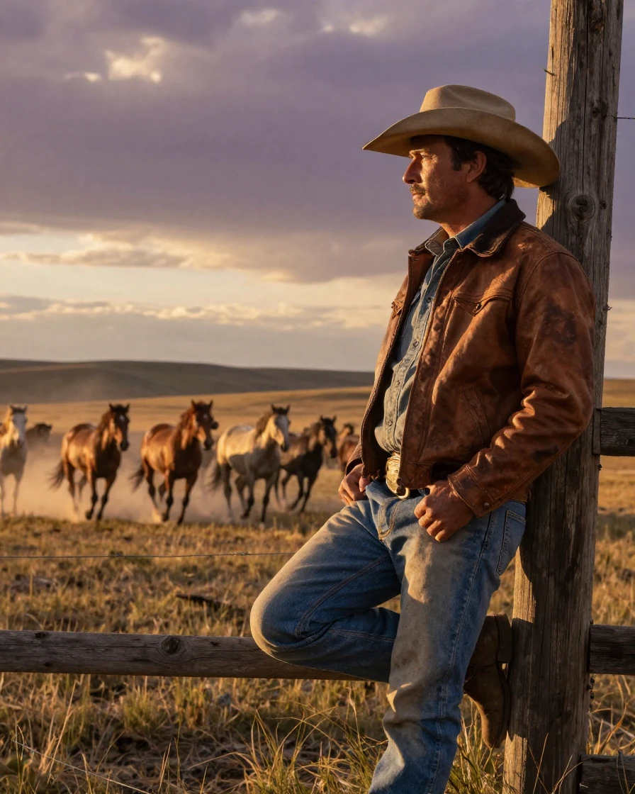 A weathered cowboy leaning against a fence post, watching wild horses gallop across the plains